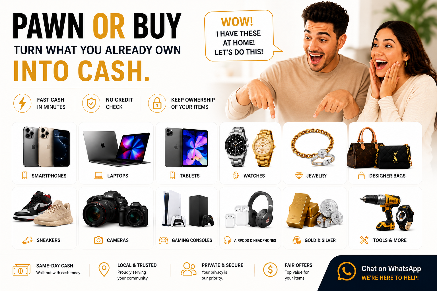 What Wavey Cash pawns and buys: smartphones, laptops, tablets, watches, jewelry, designer bags, sneakers, cameras, gaming consoles, headphones, gold and silver, and tools