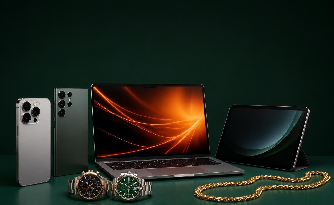 Electronics, watches and gold displayed against WaveyCash green