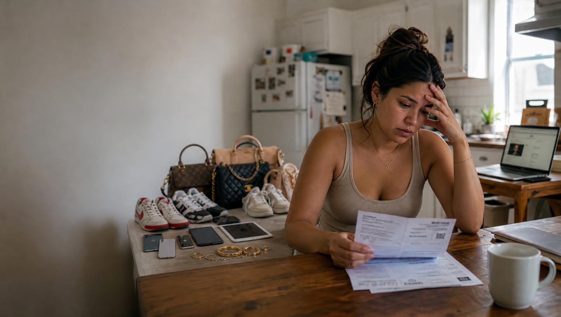 A worried woman at her kitchen table looking at her unpaid bills