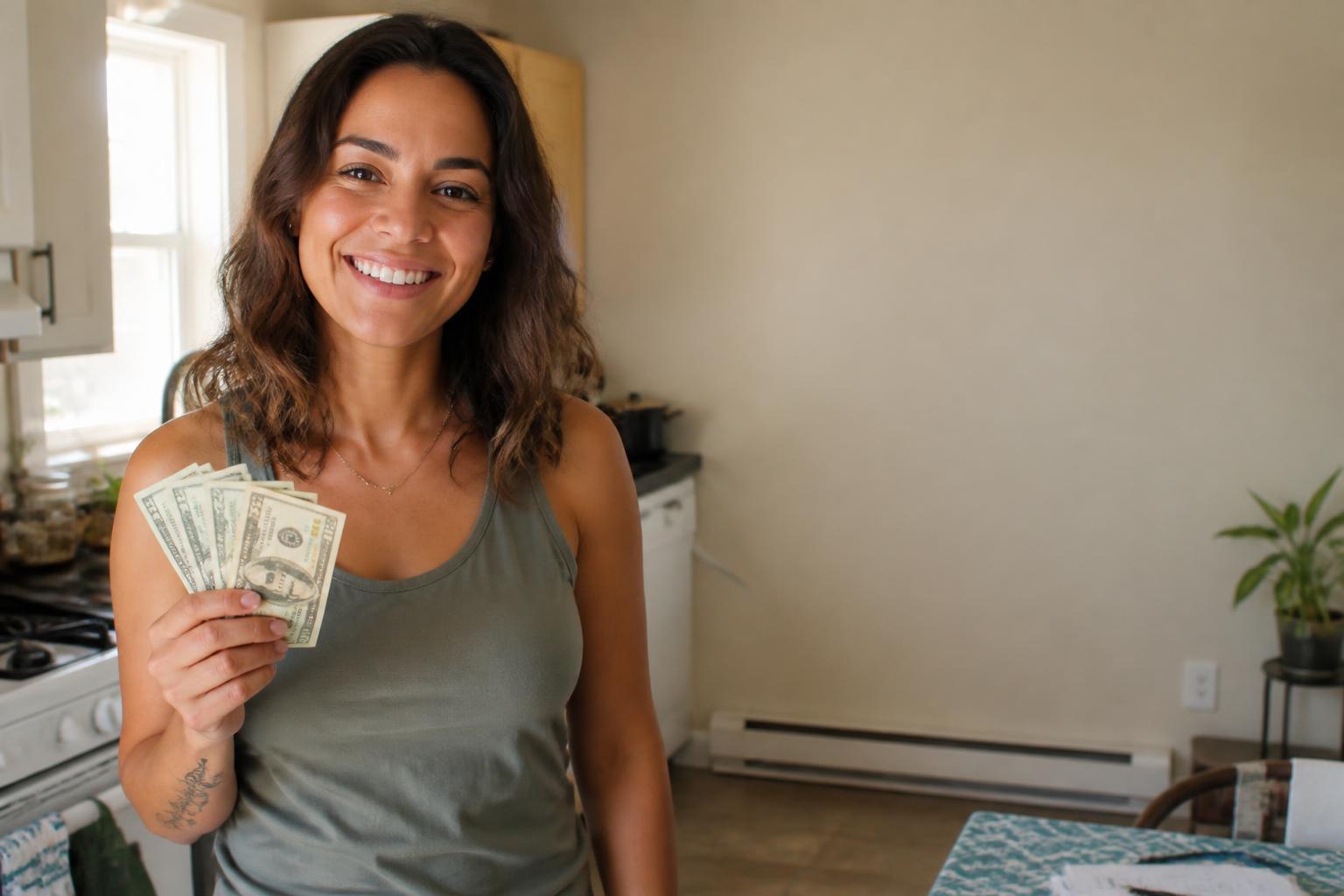 A smiling woman holding cash in her kitchen, looking relieved after selling an item to WaveyCash